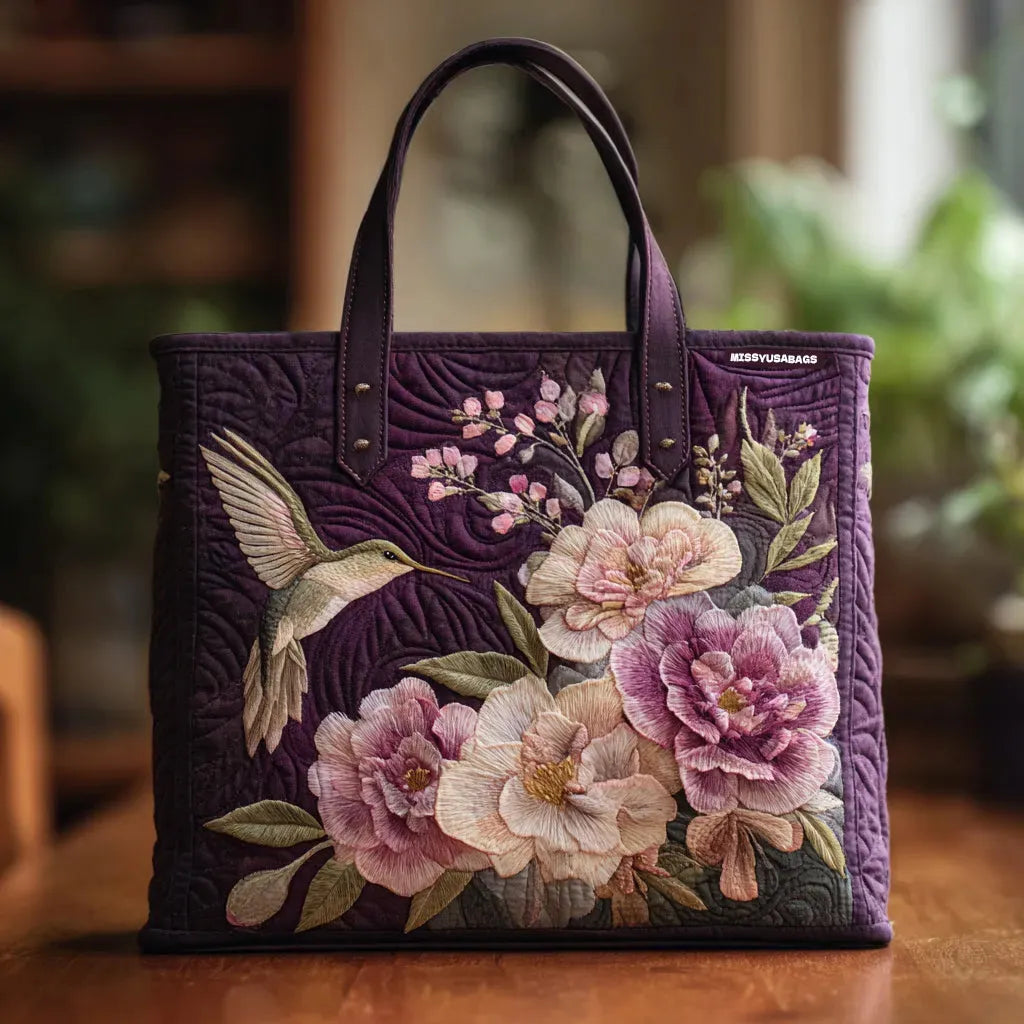 Purple Hummingbirds and Orchids Quilted Handbag